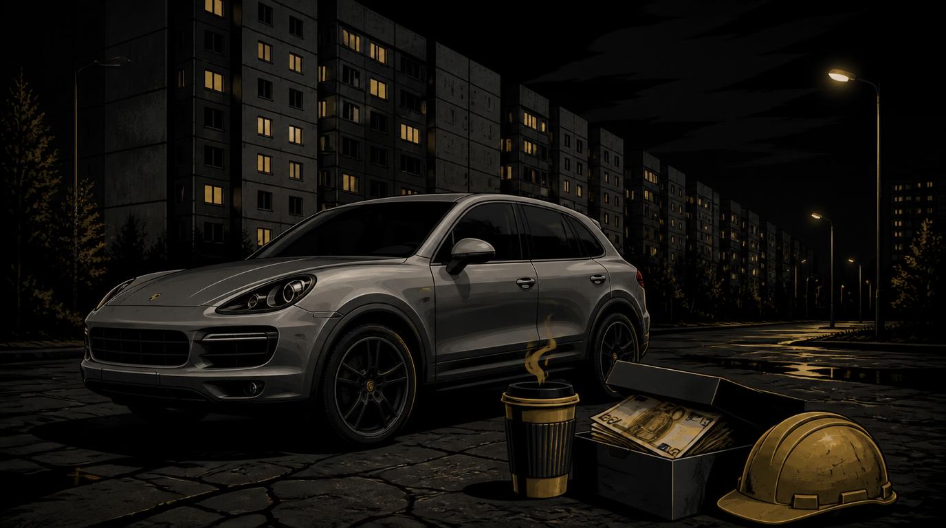 Porsche Cayenne, kava, eurai ir šalmas tamsiame Vilniaus rajone