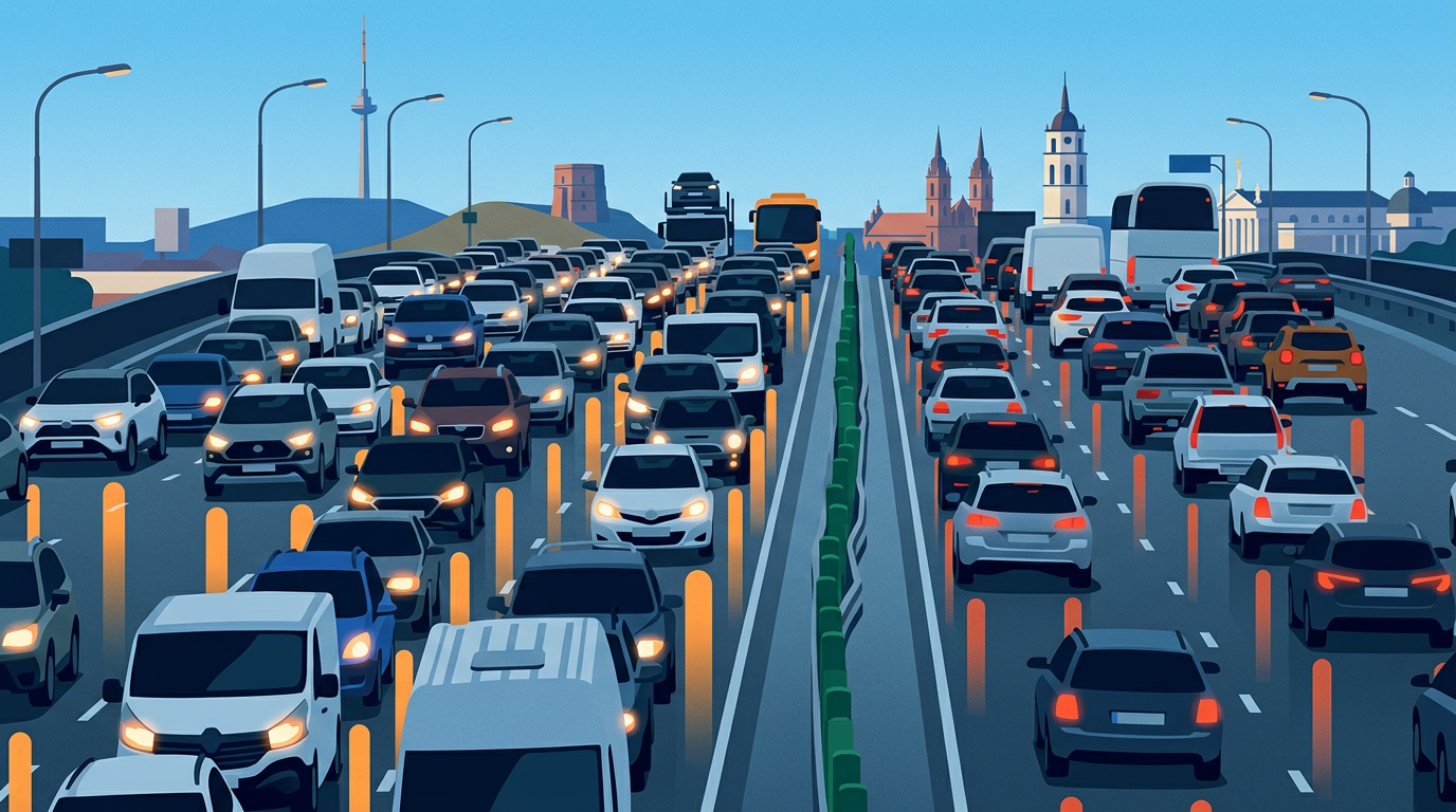 Automobiliai ir autobusai Vilniaus spūstyje